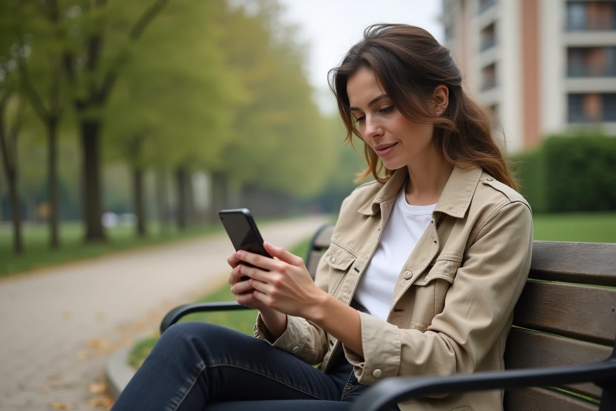 Femme utilisant une application mobile de services d'urgence sur son téléphone dans un parc urbain du Val-d'Oise