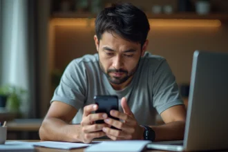 Homme inspectant de près un téléphone Sony Ericsson Walkman pour vérifier son authenticité avant achat