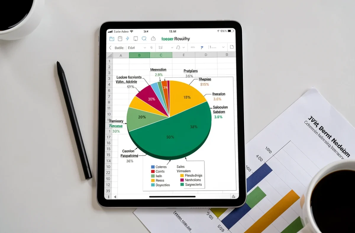 Vue aérienne d'une tablette affichant un graphique camembert Excel avec des segments de données de ventes sur une table de réunion minimaliste