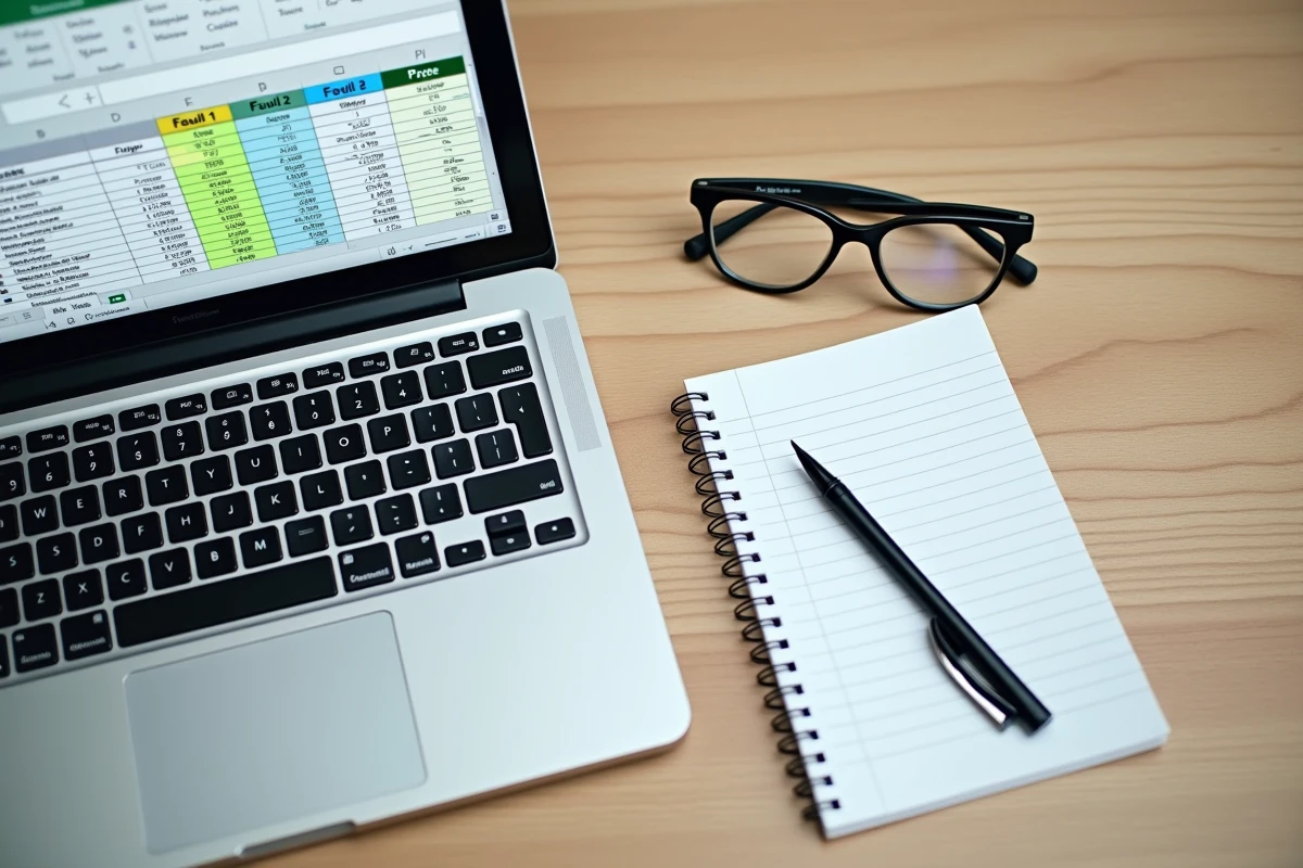 Vue aérienne d'un ordinateur portable ouvert sur Excel avec des doublons surlignés sur plusieurs feuilles de calcul