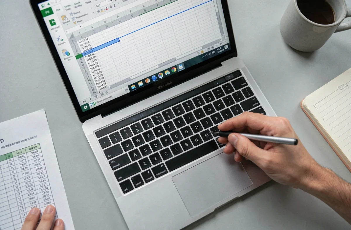 Vue plongeante sur un écran d'ordinateur portable avec Excel affichant des lignes figées et un volet fractionné visible sur la feuille de calcul