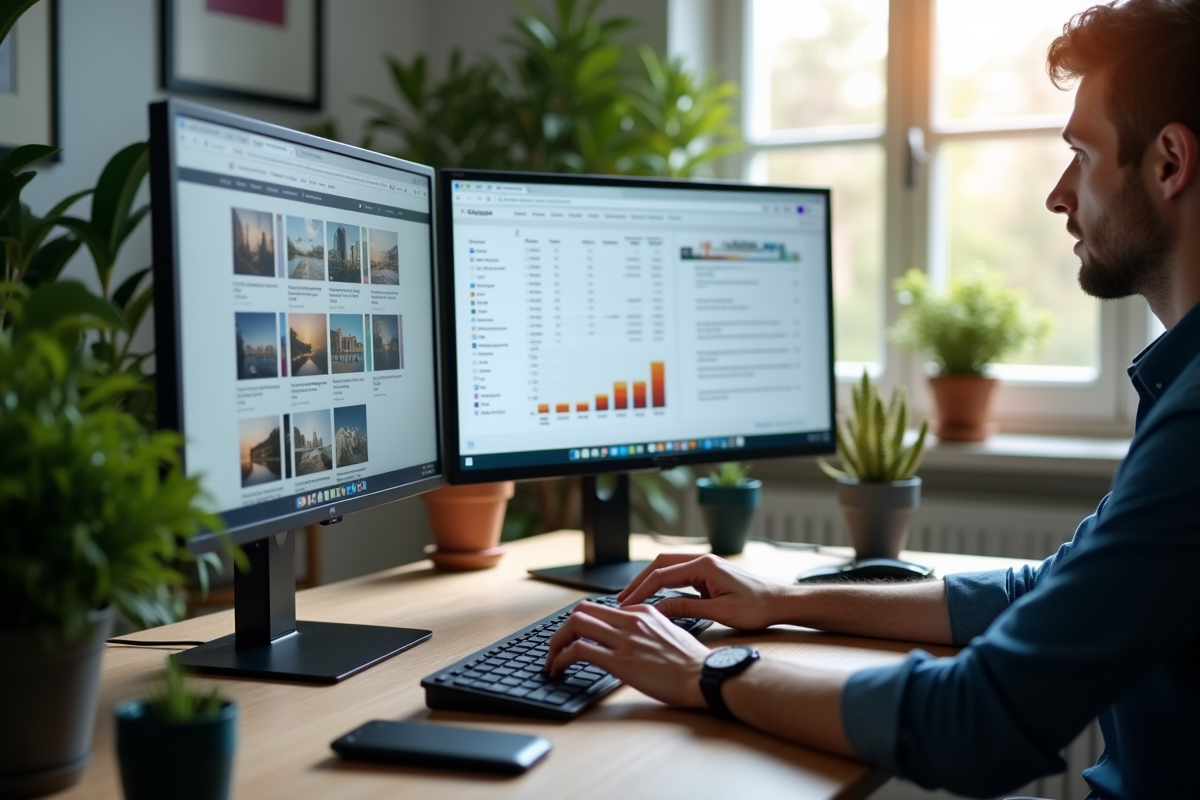 Webdesigner travaillant sur un ordinateur avec maquettes de site et tableau de prix