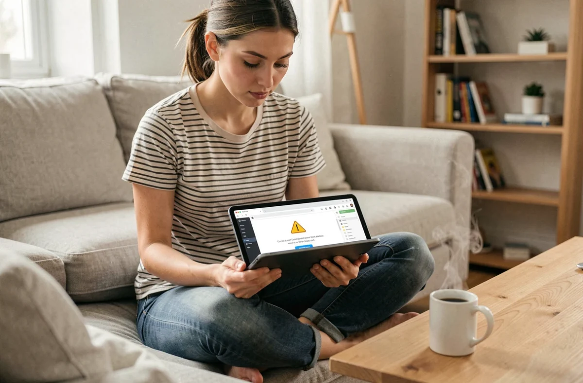 Jeune femme sur un canapé consultant une tablette avec une erreur de connexion au webmail ac-grenoble