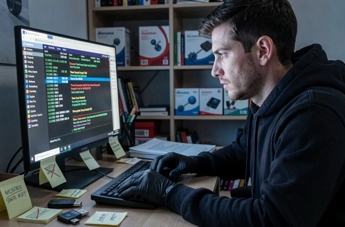 Technicien informatique analysant des résultats d'analyse antivirus sur un écran dans un bureau à Grenoble